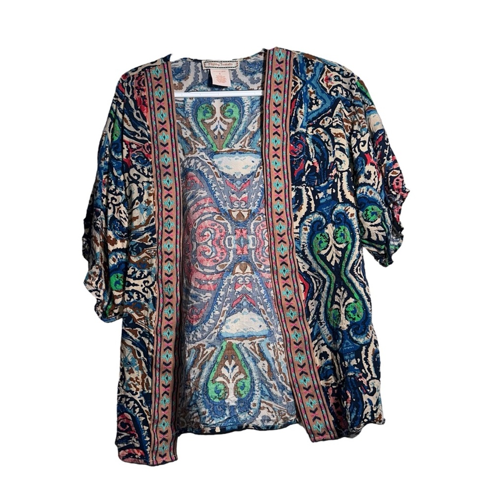 FLYING TOMATO Vibrant Pattern Boho Kimono Size Small Embroidered Open‎ Front